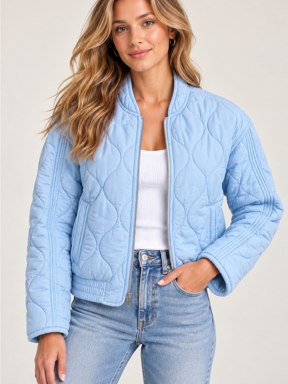 Dear John Maverick Quilted Jacket XS Sky Blue Bomber NWT